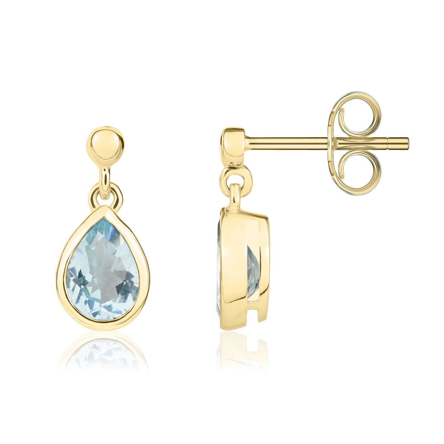 9ct Yellow Gold Pear Shaped Natural Aquamarine Drop Earrings — 7x5mm