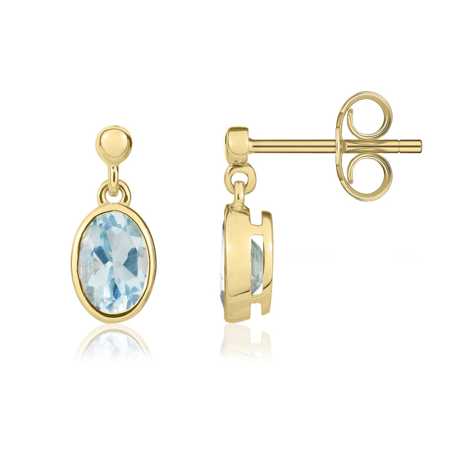 9ct Yellow Gold Oval Natural Aquamarine Drop Earrings — 6x4mm