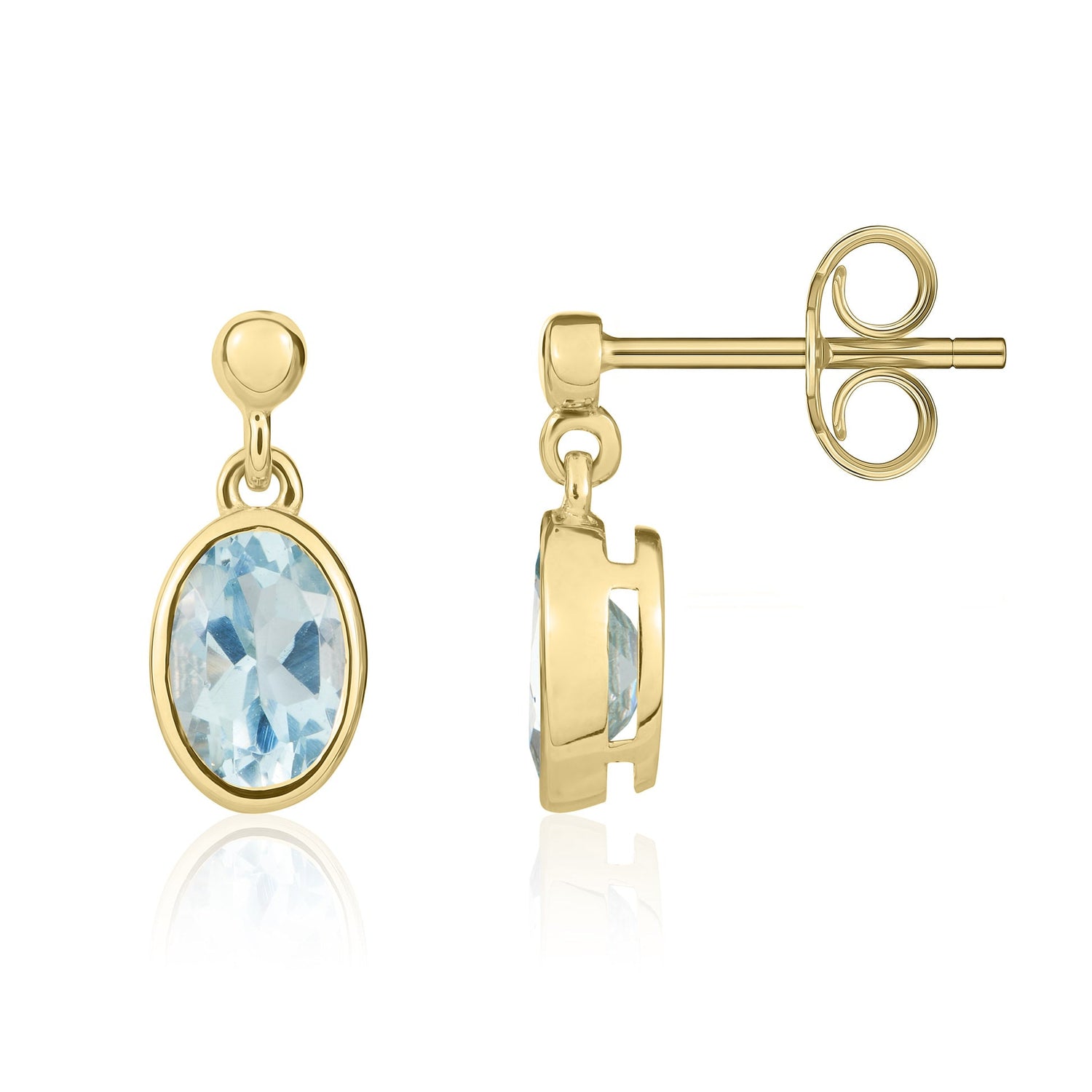 9ct Yellow Gold Oval Natural Aquamarine Drop Earrings — 7x5mm