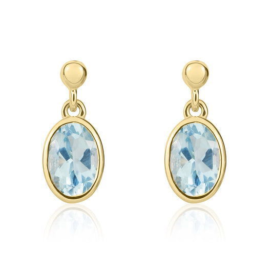 9ct Yellow Gold Oval Natural Aquamarine Drop Earrings — 7x5mm