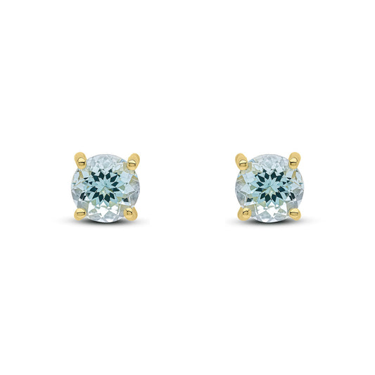 9ct Yellow Gold Round Aquamarine Four Claw Stud Earrings — 6mm