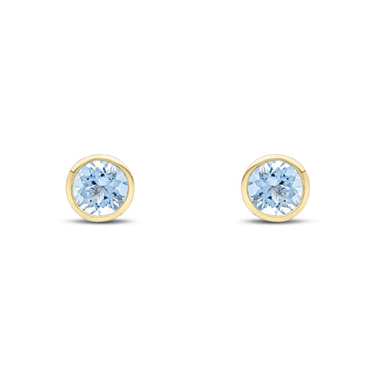 9ct Yellow Gold Round Natural Aquamarine Rubover Stud Earrings — 6mm