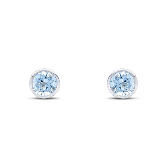 9ct White Gold Round Natural Aquamarine Rubover Stud Earrings — 6mm