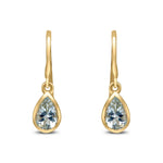 9ct Yellow Gold Pear Shaped Natural Aquamarine Rubover Wire Hook Drop Earrings — 6x4mm