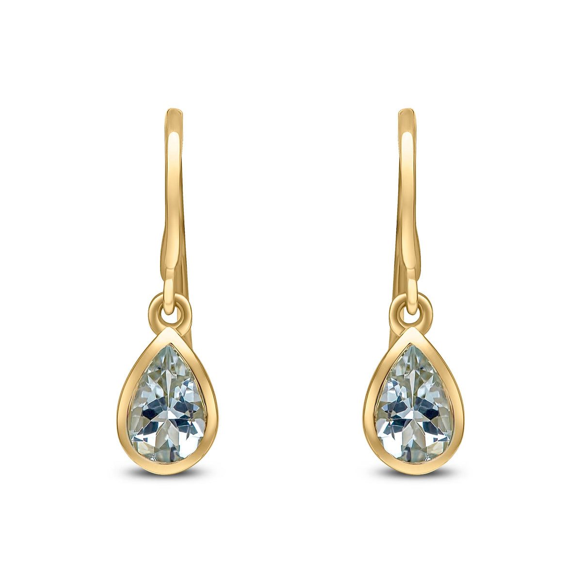 9ct Yellow Gold Pear Shaped Natural Aquamarine Rubover Wire Hook Drop Earrings — 6x4mm