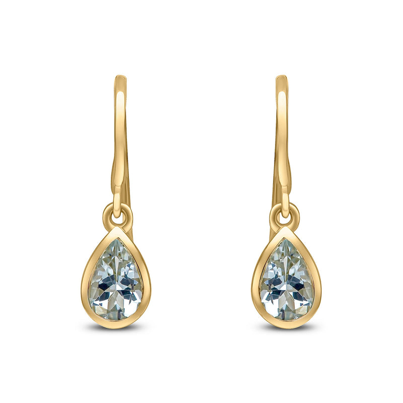9ct Yellow Gold Pear Shaped Natural Aquamarine Rubover Wire Hook Drop Earrings — 6x4mm