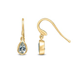 9ct Yellow Gold Pear Shaped Natural Aquamarine Rubover Wire Hook Drop Earrings — 6x4mm