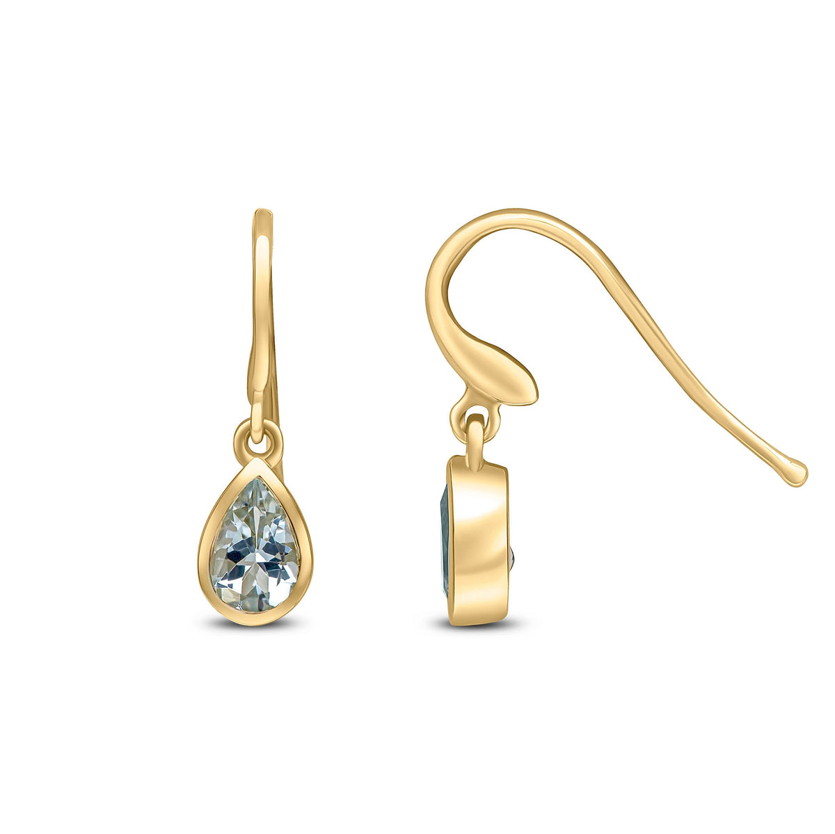 9ct Yellow Gold Pear Shaped Natural Aquamarine Rubover Wire Hook Drop Earrings — 6x4mm