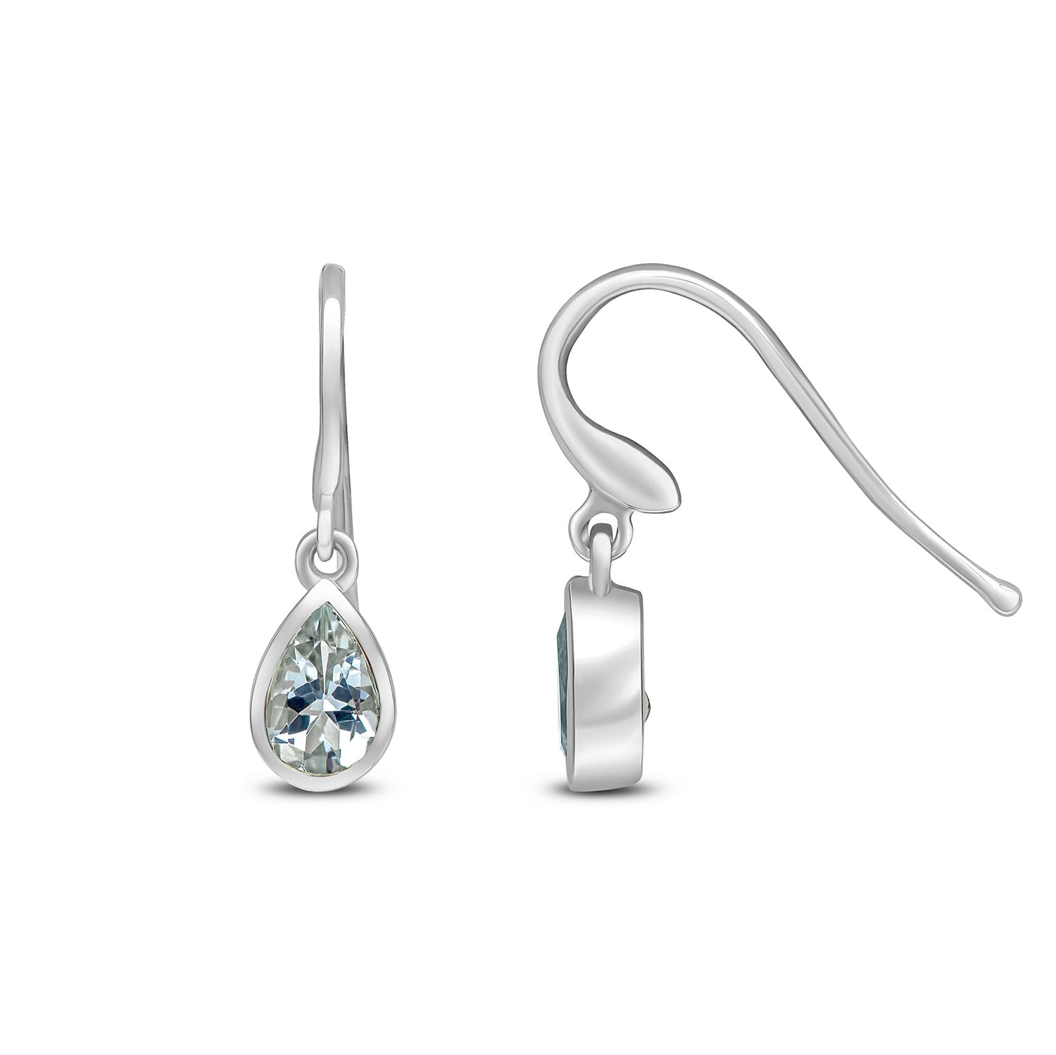 9ct White Gold Pear Shaped Natural Aquamarine Rubover Wire Hook Drop Earrings — 6x4mm