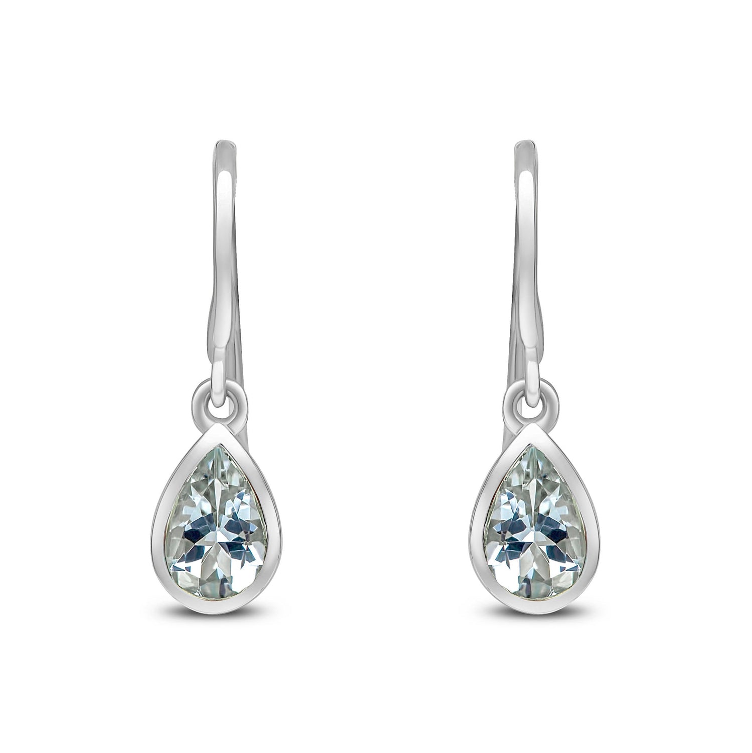 9ct White Gold Pear Shaped Natural Aquamarine Rubover Wire Hook Drop Earrings — 6x4mm