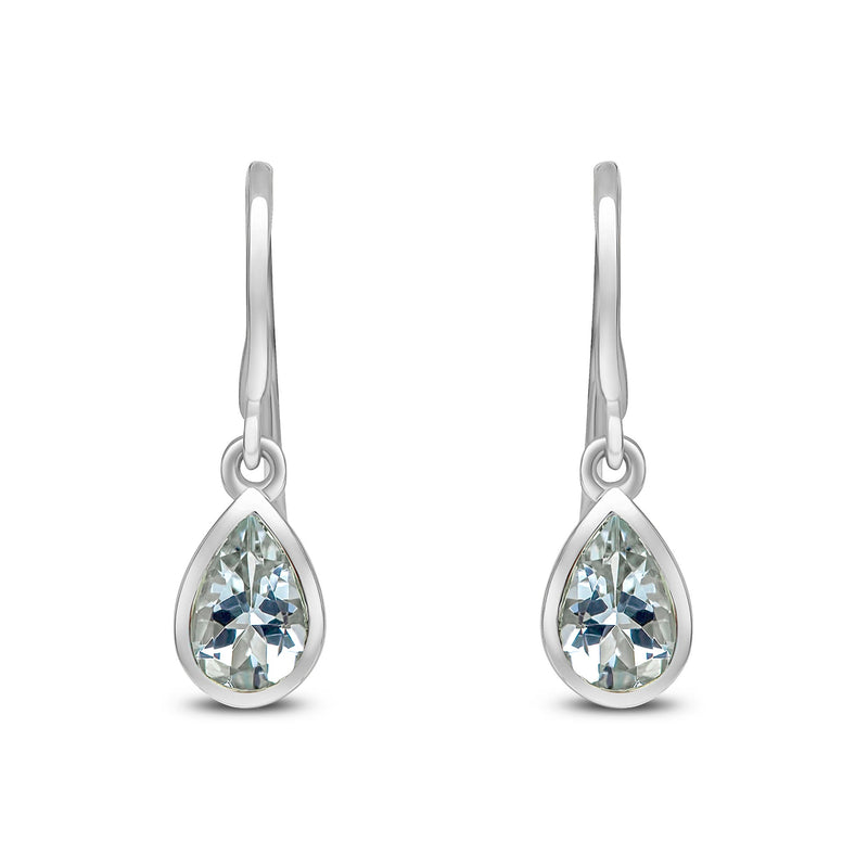 9ct White Gold Pear Shaped Natural Aquamarine Rubover Wire Hook Drop Earrings — 6x4mm