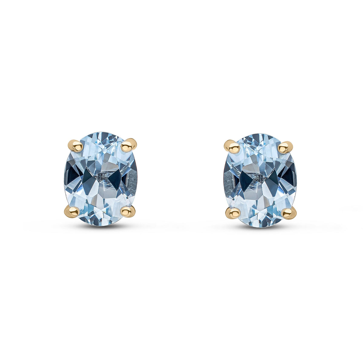 9ct Yellow Gold Oval Natural Aquamarine Claw Stud Earrings — 8x6mm
