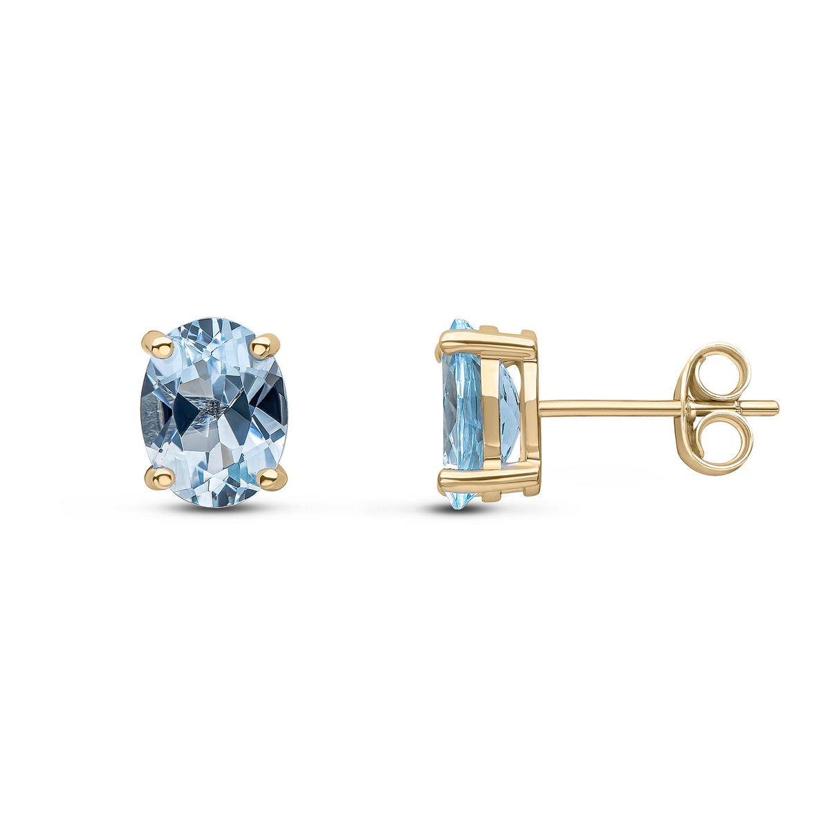 9ct Yellow Gold Oval Natural Aquamarine Claw Stud Earrings — 8x6mm