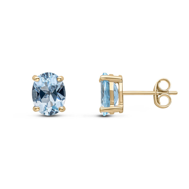 9ct Yellow Gold Oval Natural Aquamarine Claw Stud Earrings — 8x6mm