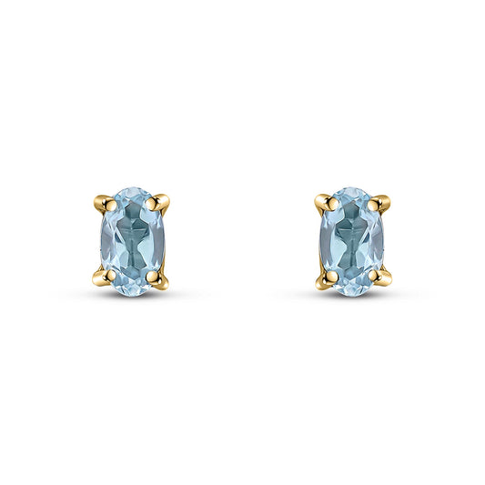 9ct Yellow Gold Oval Aquamarine Claw Set Stud Earrings — 5x3mm