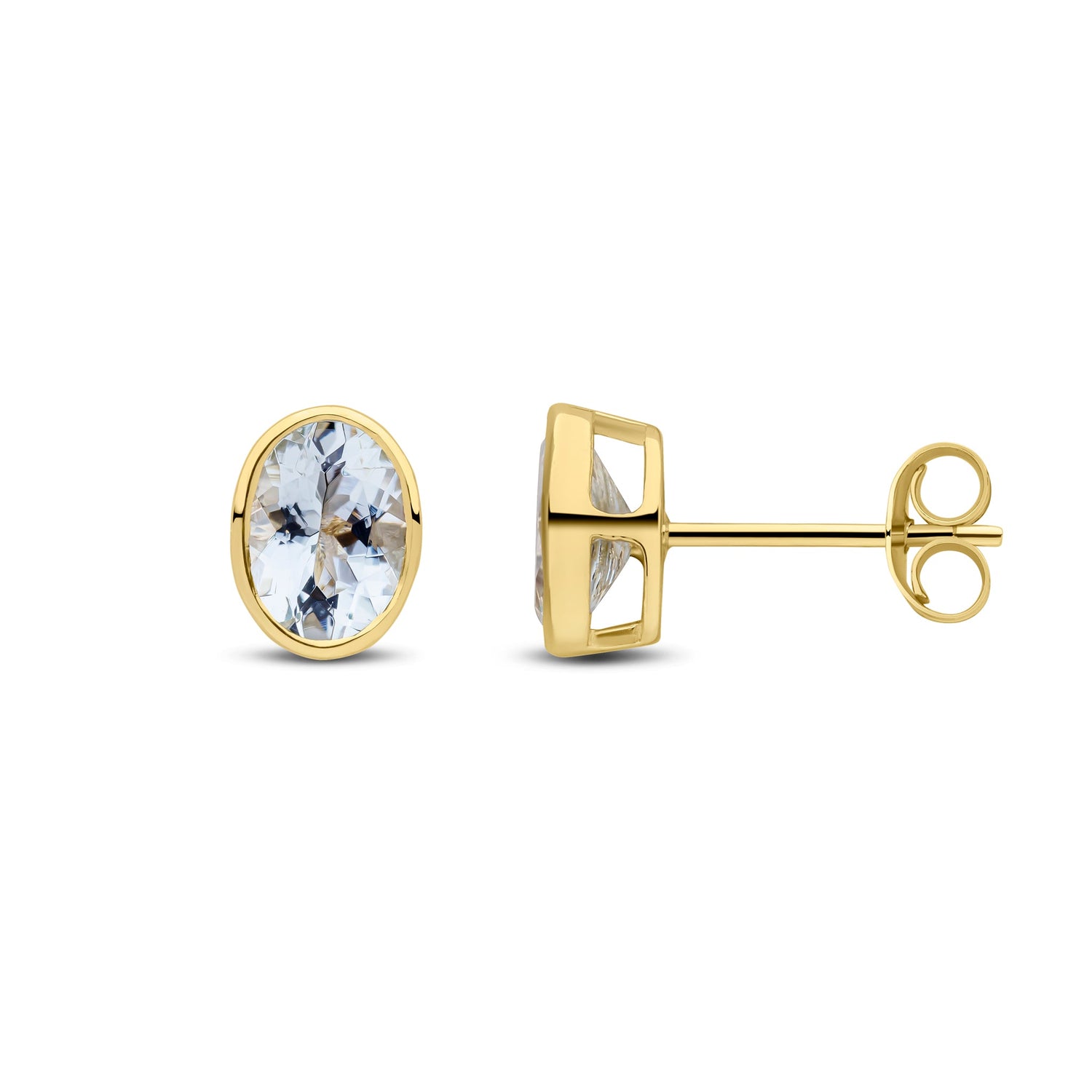 9ct Yellow Gold Oval Natural Aquamarine Rubover Stud Earrings — 7x5mm