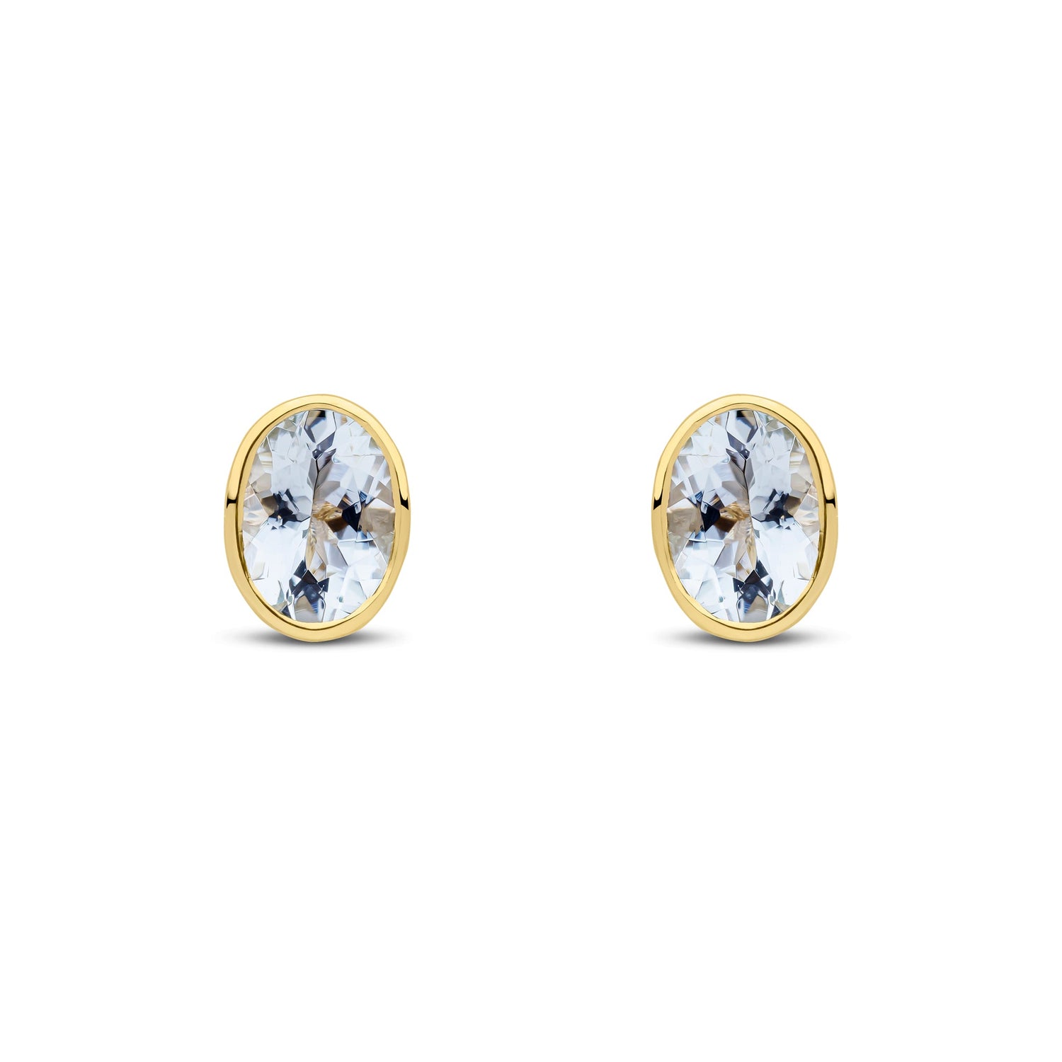 9ct Yellow Gold Oval Natural Aquamarine Rubover Stud Earrings — 7x5mm