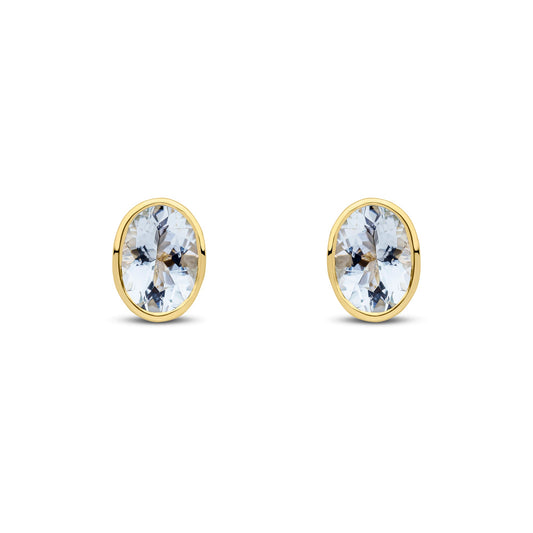 9ct Yellow Gold Oval Natural Aquamarine Rubover Stud Earrings — 7x5mm