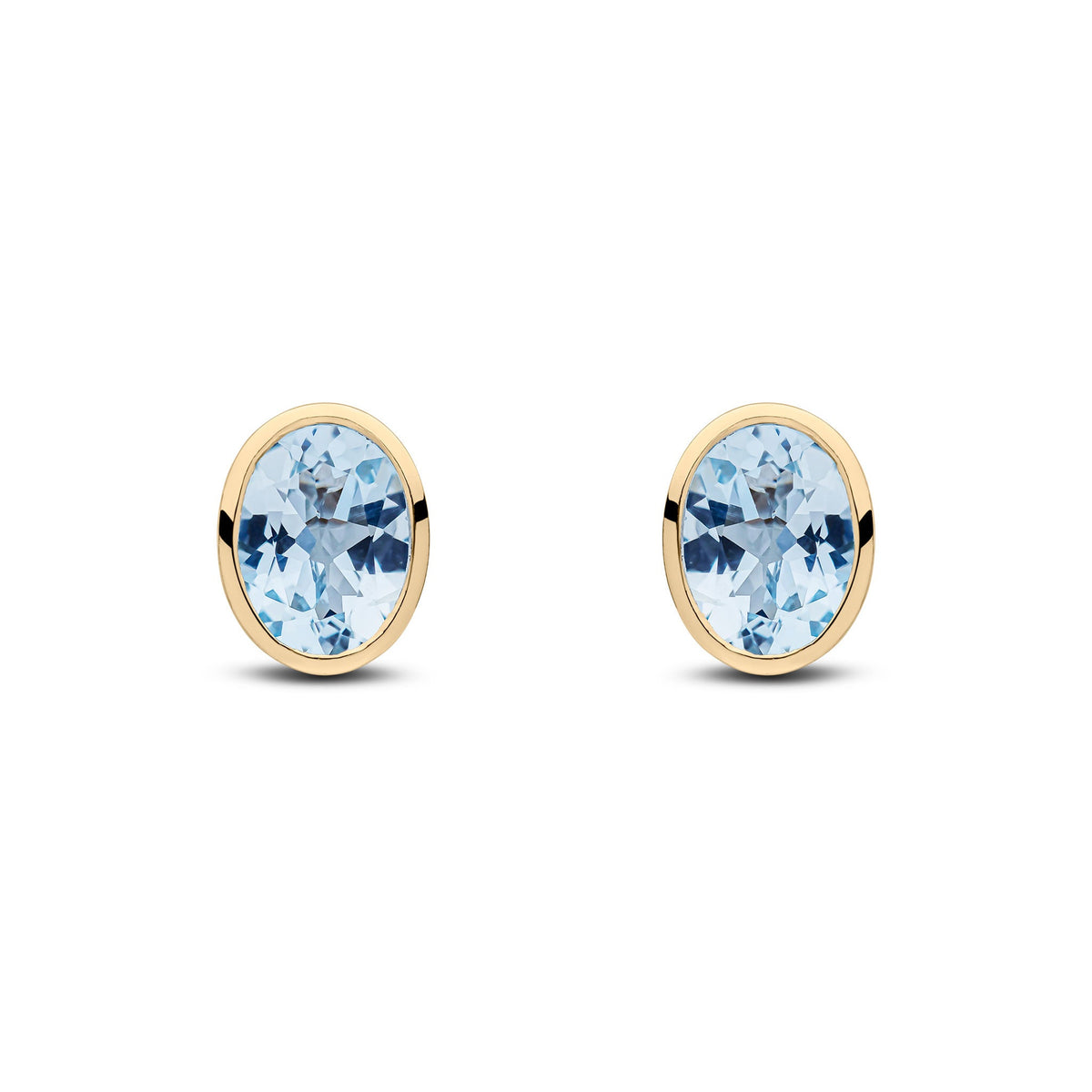 9ct Yellow Gold Oval Natural Aquamarine Rubover Stud Earrings — 8x6mm