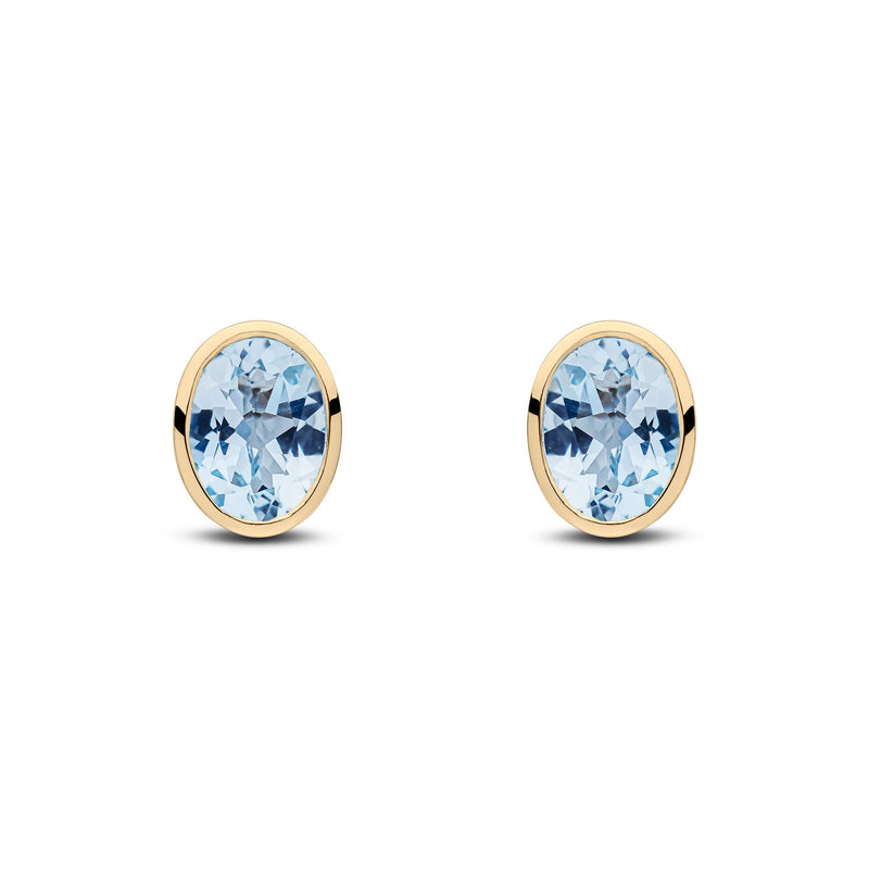 9ct Yellow Gold Oval Natural Aquamarine Rubover Stud Earrings — 8x6mm