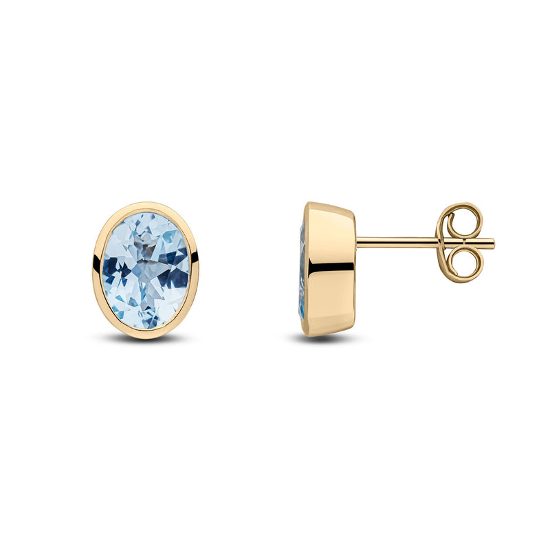 9ct Yellow Gold Oval Natural Aquamarine Rubover Stud Earrings — 8x6mm