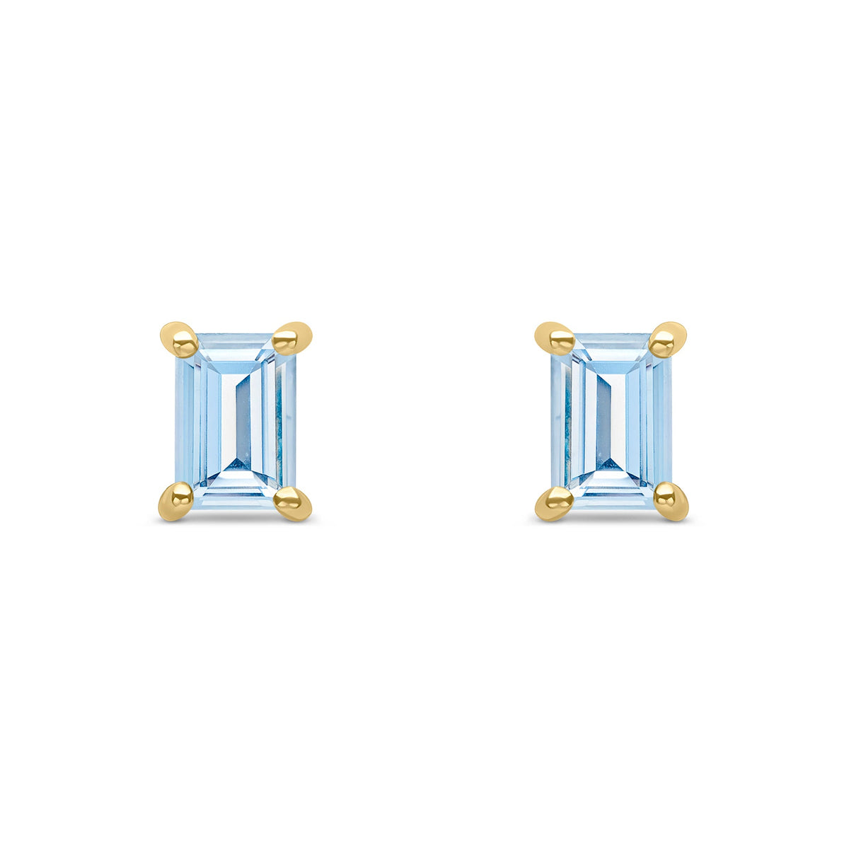 9ct Yellow Gold Octagonal Emerald Cut Natural Aquamarine Claw Stud Earrings — 6x4mm