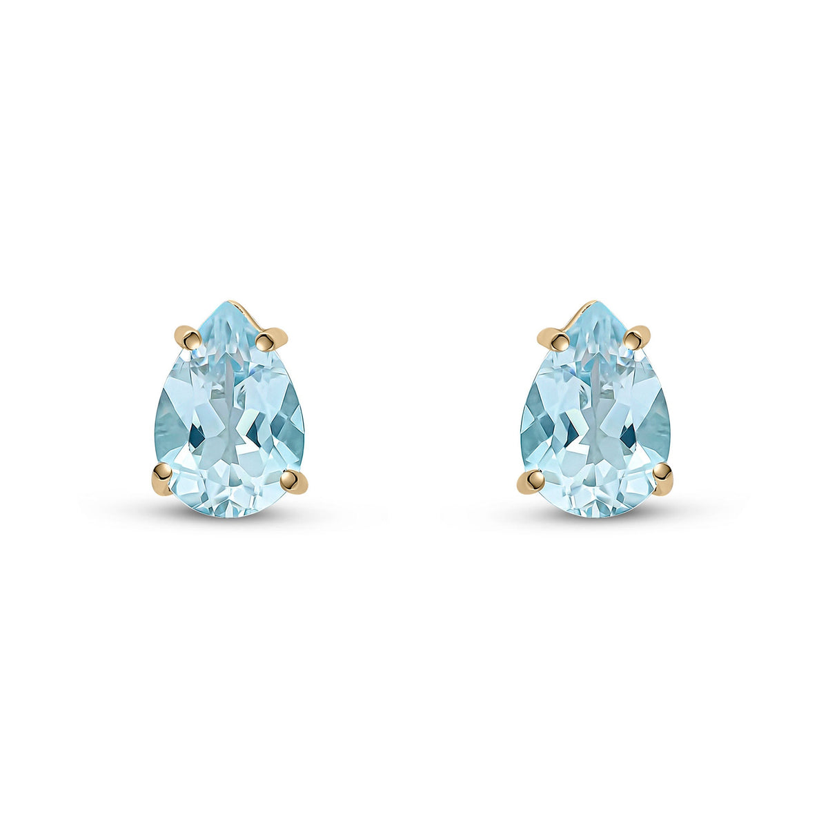 9ct Yellow Gold Pear Shaped Natural Aquamarine Claw Stud Earrings — 9x6mm