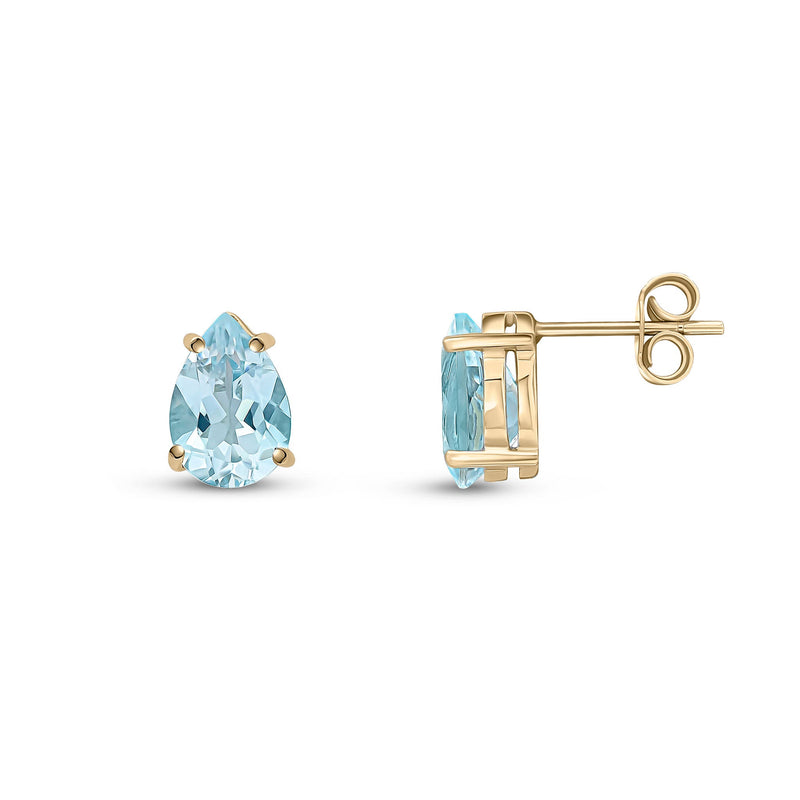 9ct Yellow Gold Pear Shaped Natural Aquamarine Claw Stud Earrings — 9x6mm