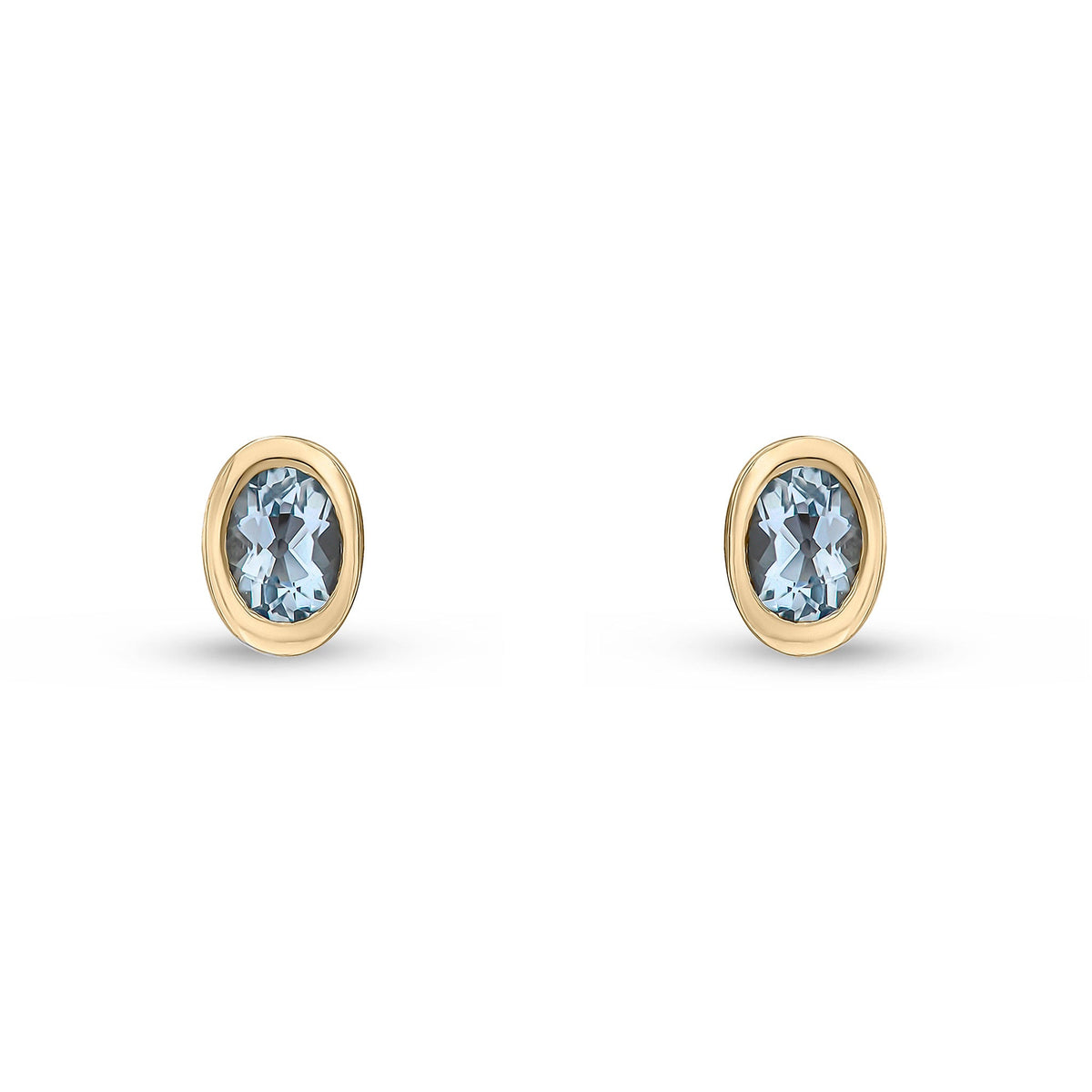 9ct Yellow Gold Oval Natural Aquamarine Rubover Stud Earrings — 4x3mm