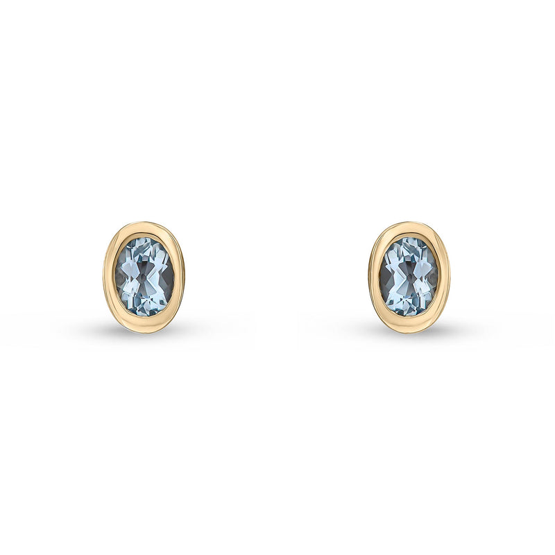 9ct Yellow Gold Oval Natural Aquamarine Rubover Stud Earrings — 4x3mm