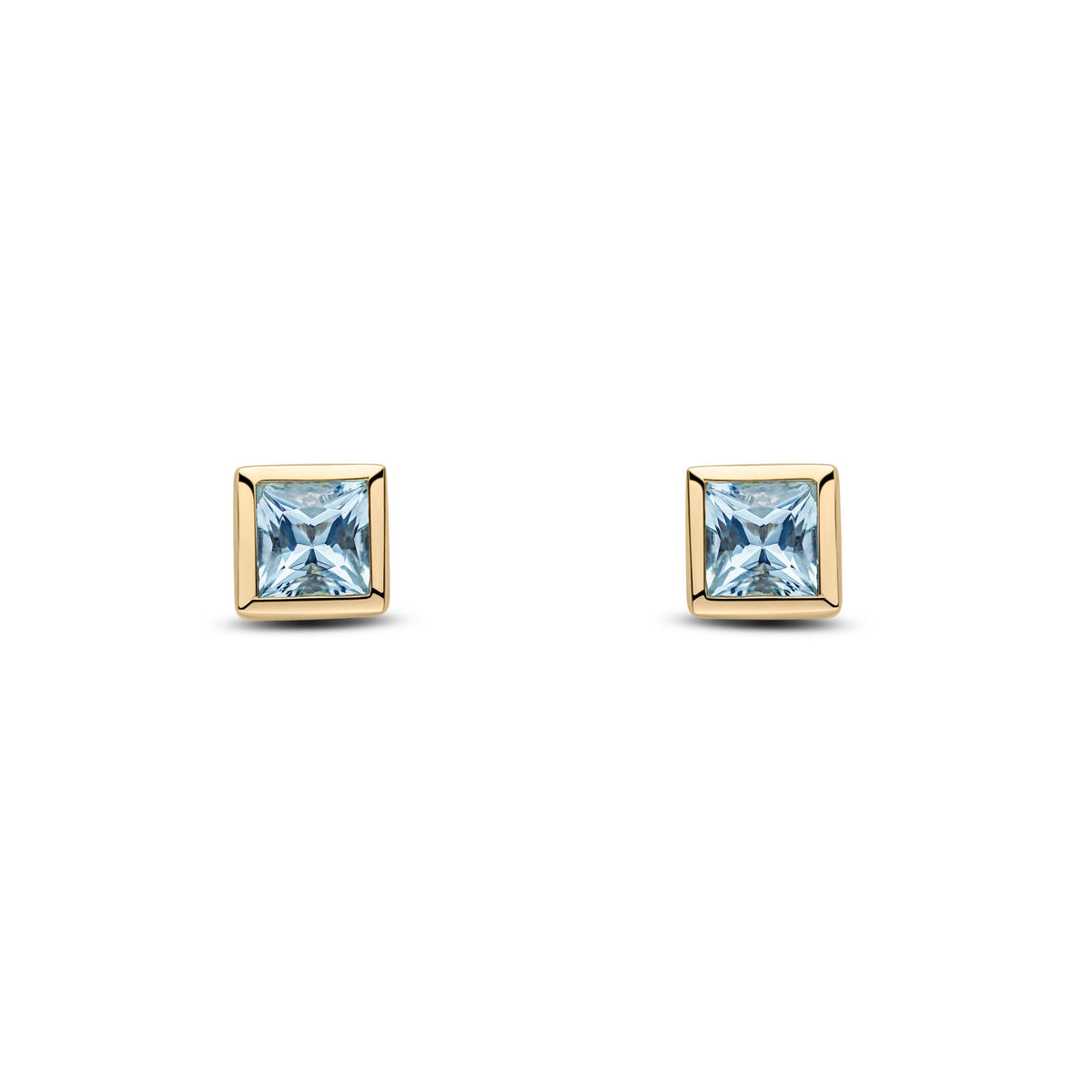 9ct Yellow Gold Square Natural Aquamarine Rubover Stud Earrings — 4mm