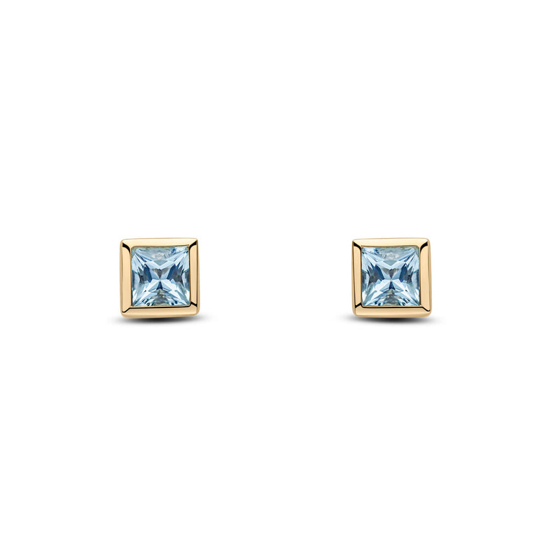 9ct Yellow Gold Square Natural Aquamarine Rubover Stud Earrings — 4mm