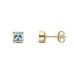 9ct Yellow Gold Square Natural Aquamarine Rubover Stud Earrings — 4mm