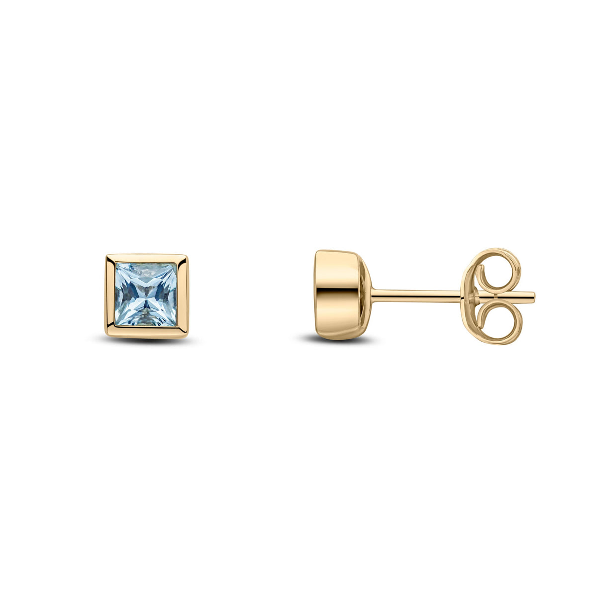 9ct Yellow Gold Square Natural Aquamarine Rubover Stud Earrings — 4mm