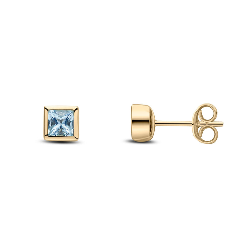 9ct Yellow Gold Square Natural Aquamarine Rubover Stud Earrings — 4mm