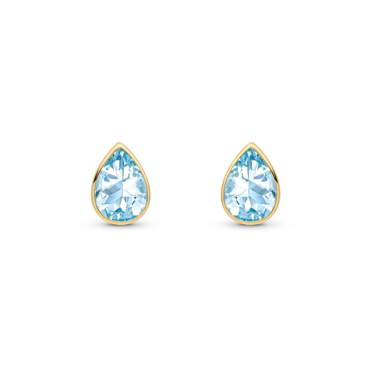 9ct Yellow Gold Pear Shaped Natural Aquamarine Rubover Stud Earrings — 7x5mm
