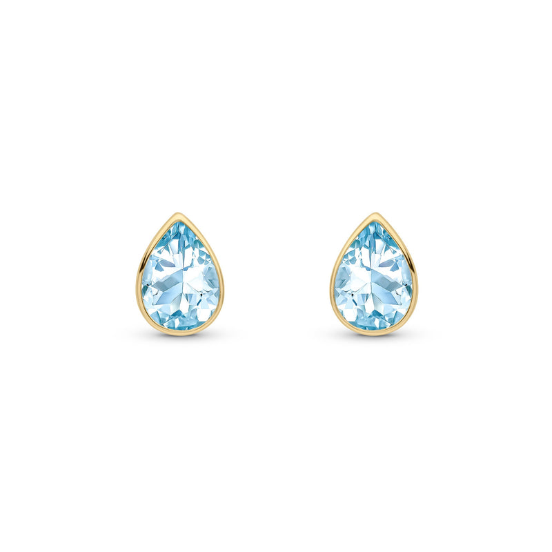 9ct Yellow Gold Pear Shaped Natural Aquamarine Rubover Stud Earrings — 7x5mm