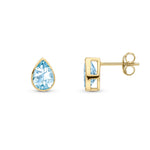 9ct Yellow Gold Pear Shaped Natural Aquamarine Rubover Stud Earrings — 7x5mm