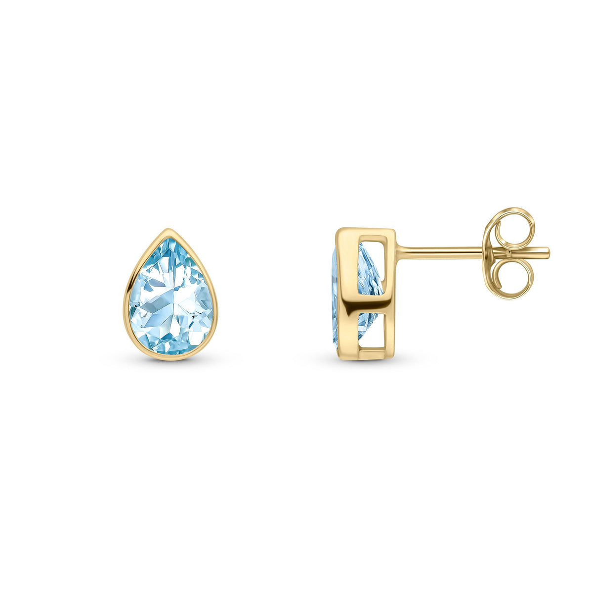 9ct Yellow Gold Pear Shaped Natural Aquamarine Rubover Stud Earrings — 7x5mm