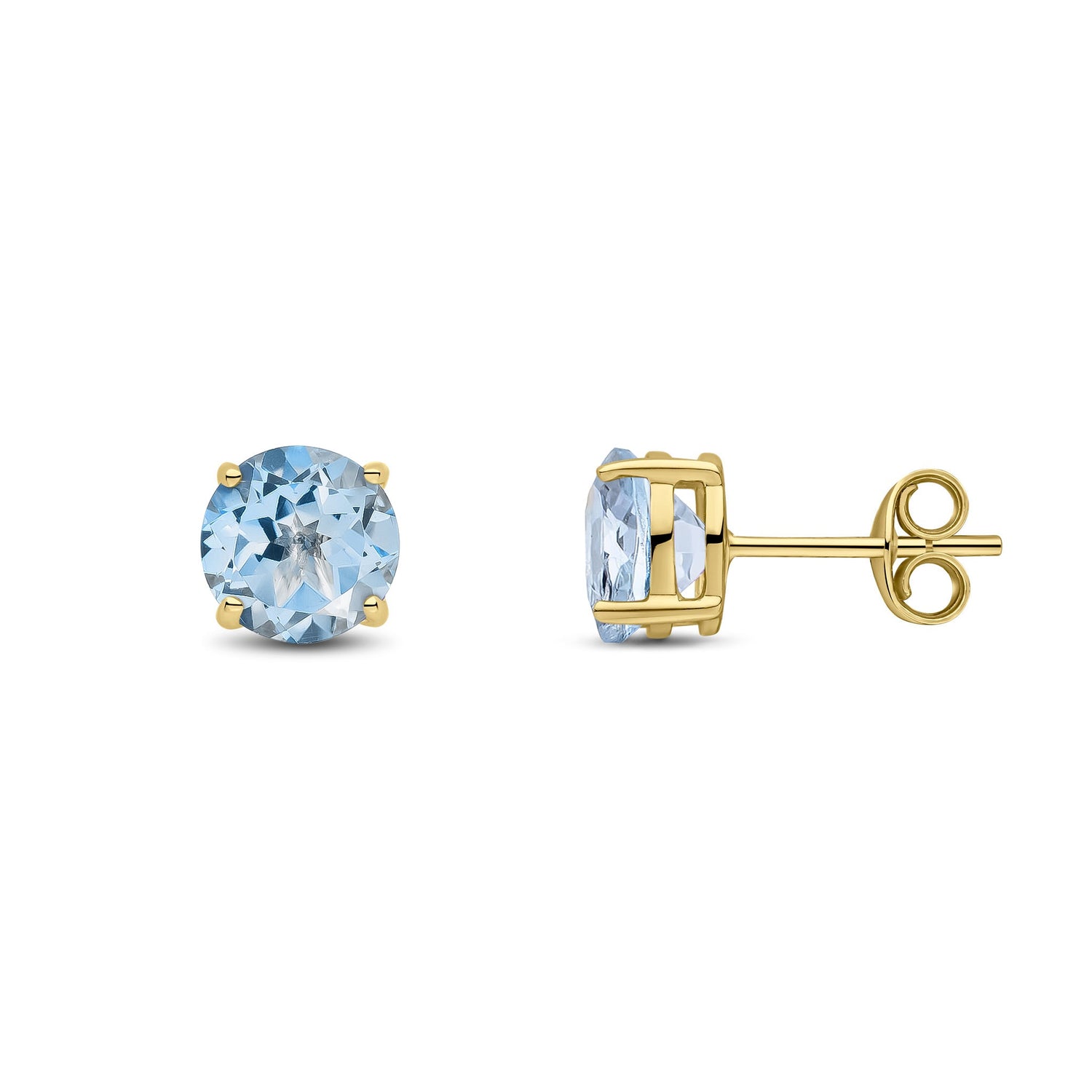 9ct Yellow Gold Round Natural Aquamarine Claw Set Stud Earrings — 7mm