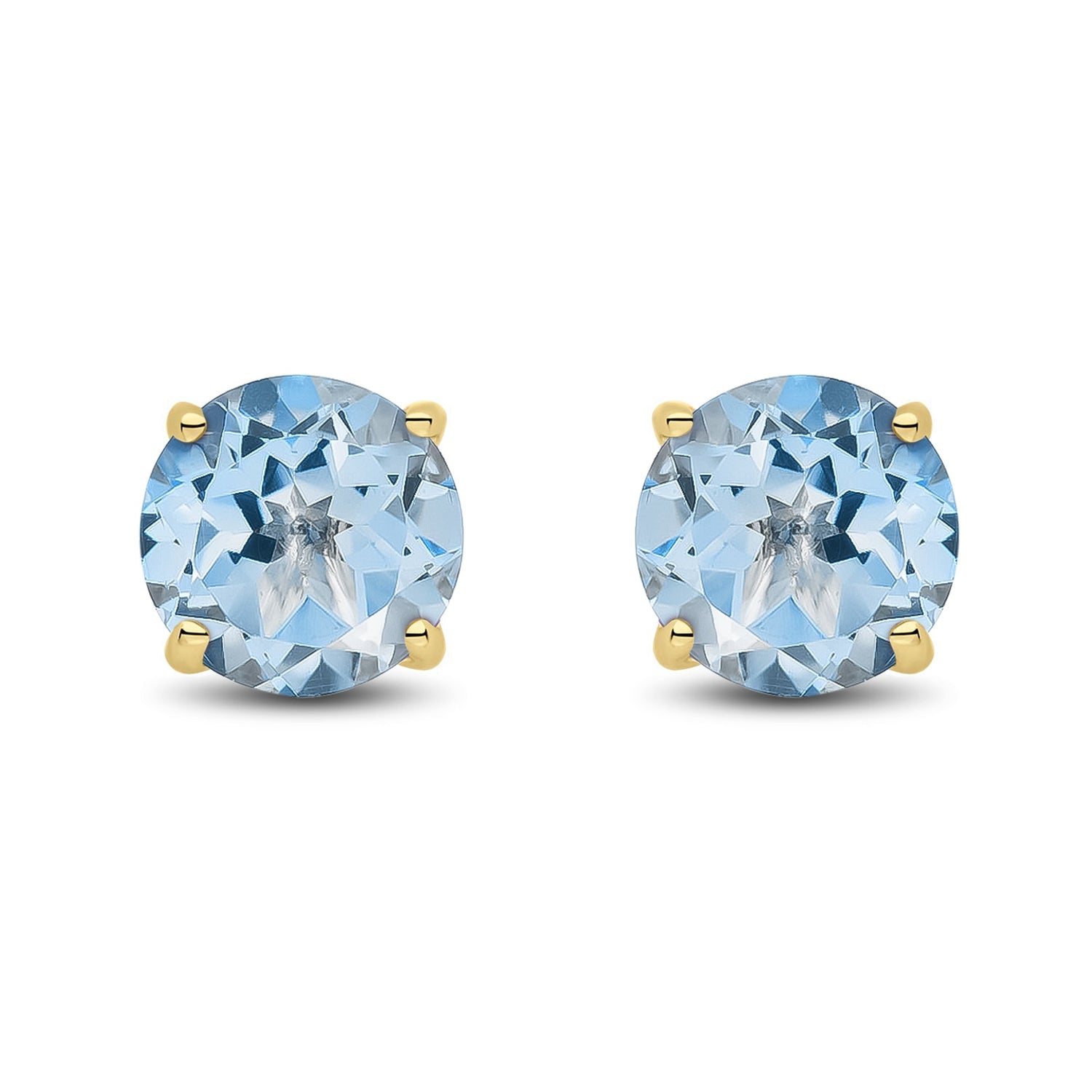 9ct Yellow Gold Round Natural Aquamarine Claw Set Stud Earrings — 7mm