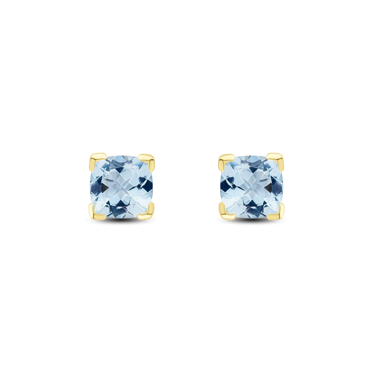 9ct Yellow Gold Cushion Natural Aquamarine Claw Stud Earrings — 6mm