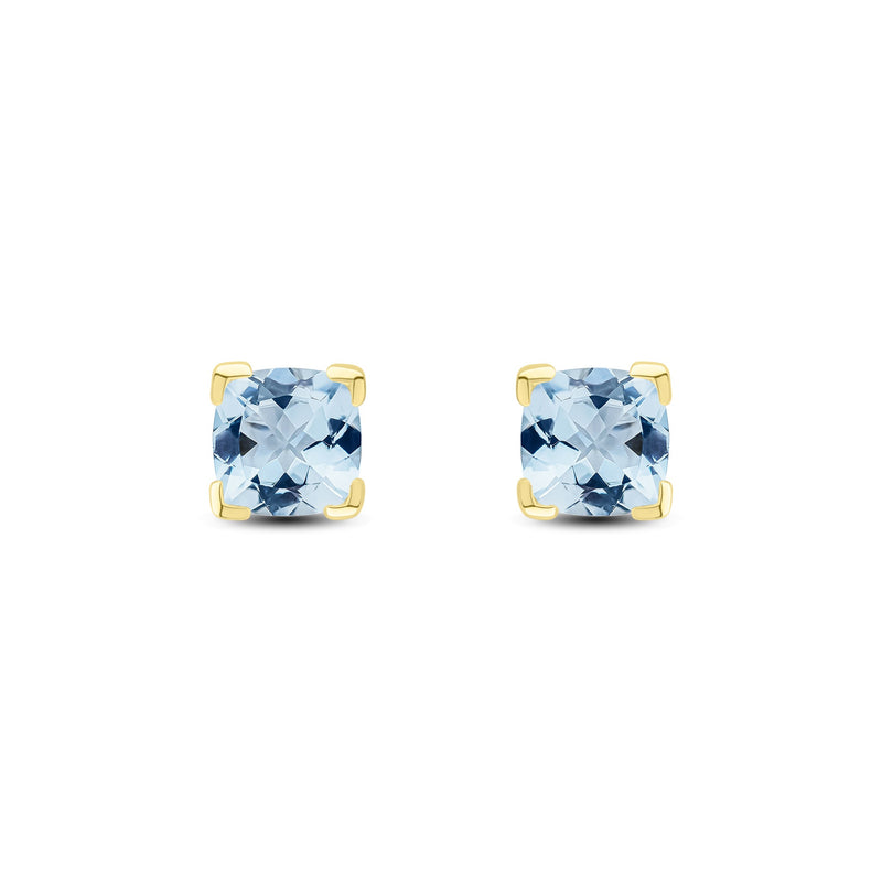 9ct Yellow Gold Cushion Natural Aquamarine Claw Stud Earrings — 6mm