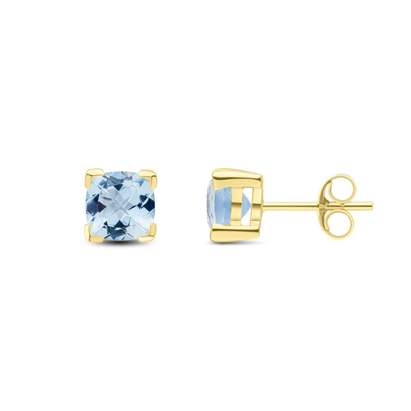 9ct Yellow Gold Cushion Natural Aquamarine Claw Stud Earrings — 6mm