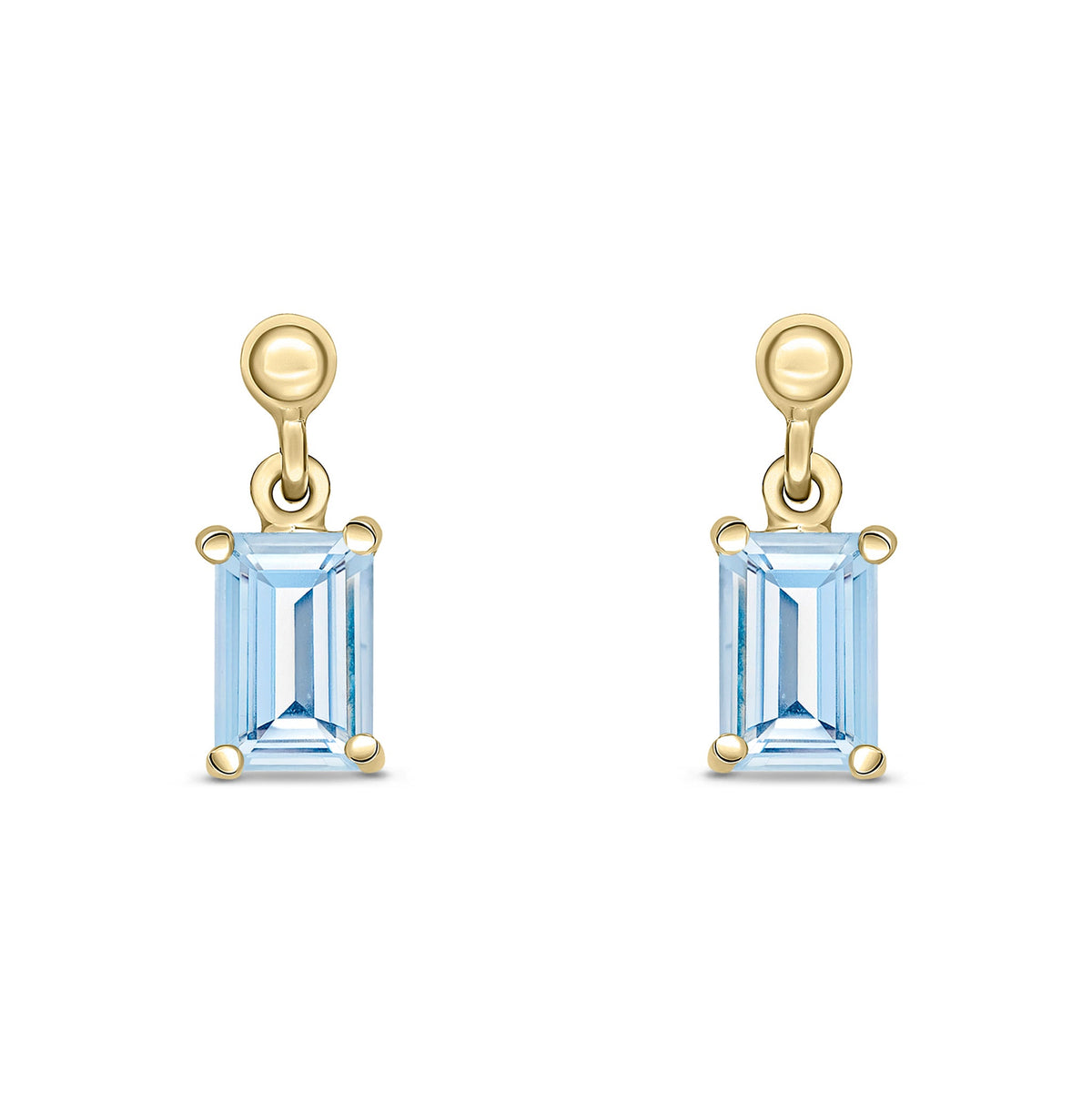 9ct Yellow Gold Octagonal Emerald Cut Natural Aquamarine Claw Drop Earrings — 6x4mm