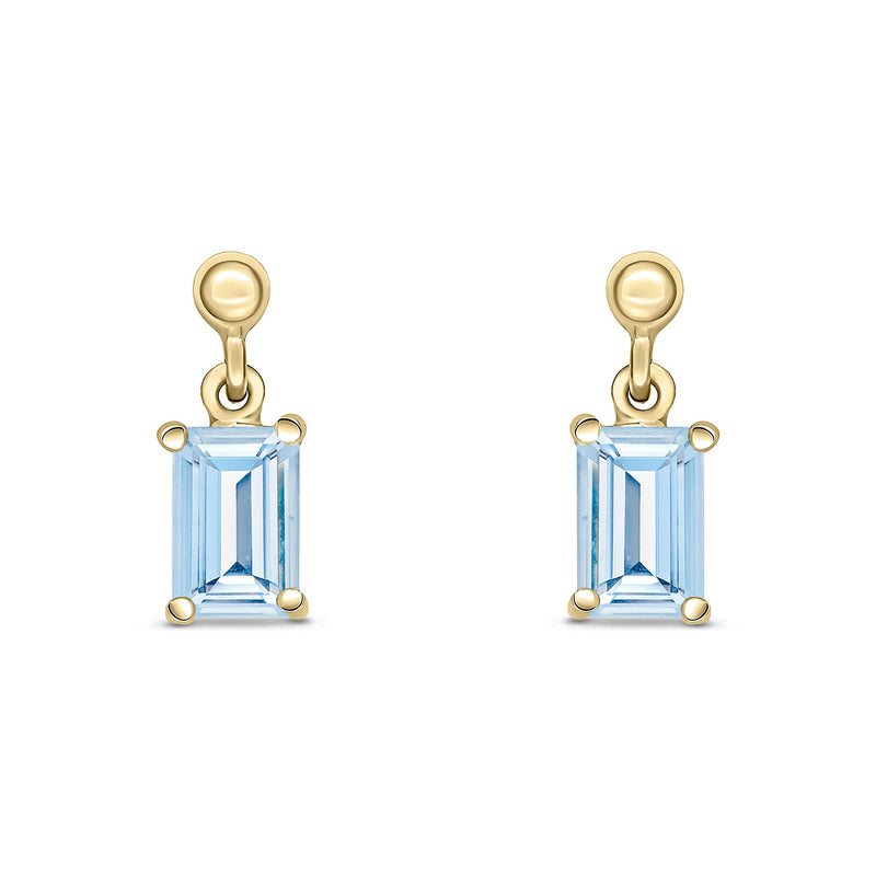 9ct Yellow Gold Octagonal Emerald Cut Natural Aquamarine Claw Drop Earrings — 6x4mm