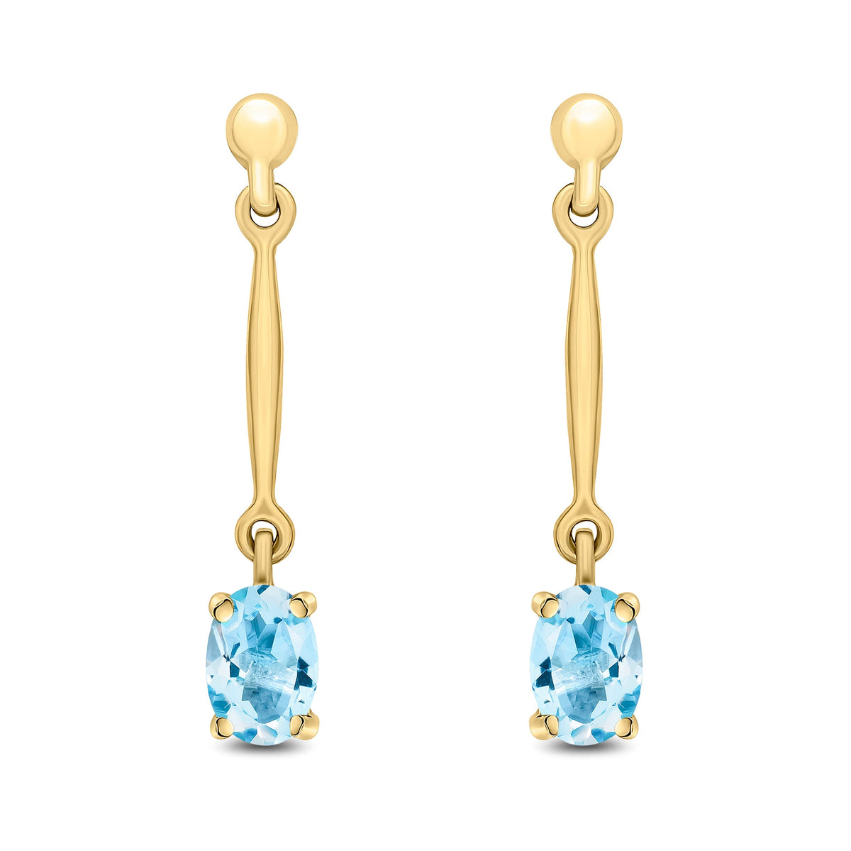 9ct Yellow Gold Oval Natural Aquamarine Claw Bar Drop Earrings — 6x4mm