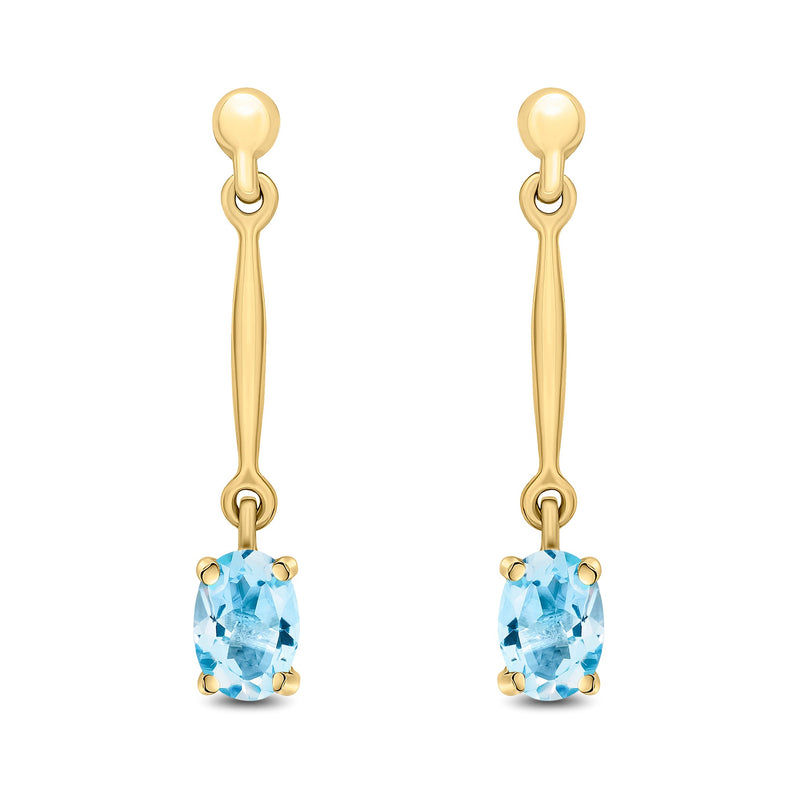 9ct Yellow Gold Oval Natural Aquamarine Claw Bar Drop Earrings — 6x4mm