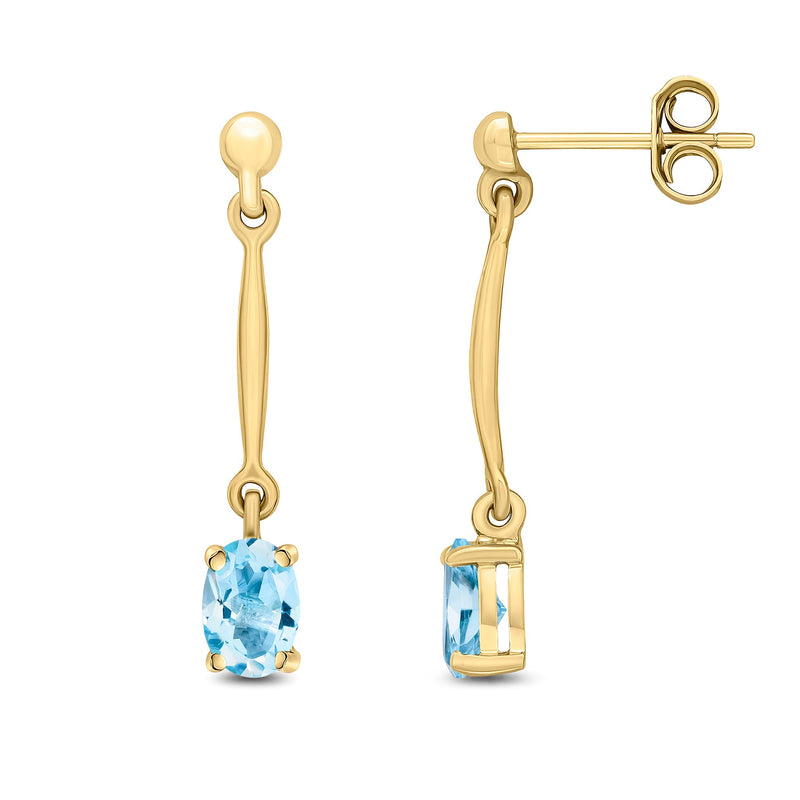 9ct Yellow Gold Oval Natural Aquamarine Claw Bar Drop Earrings — 6x4mm