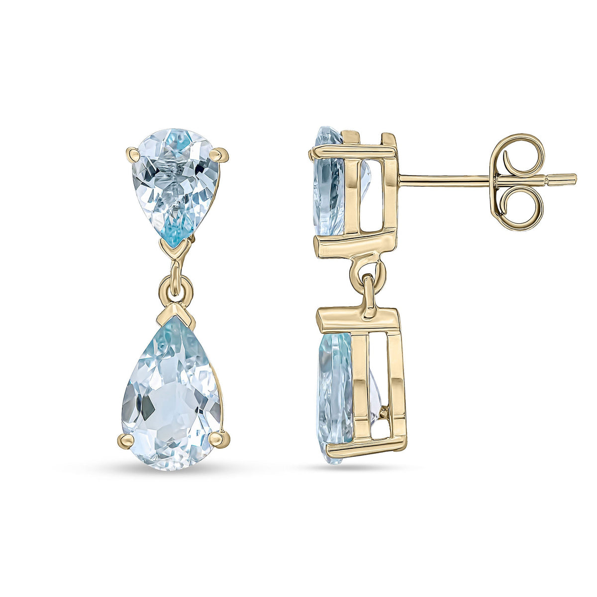 9ct Yellow Gold Pear Shaped Natural Aquamarine Two Stone Claw Drop Earrings — 9x6mm